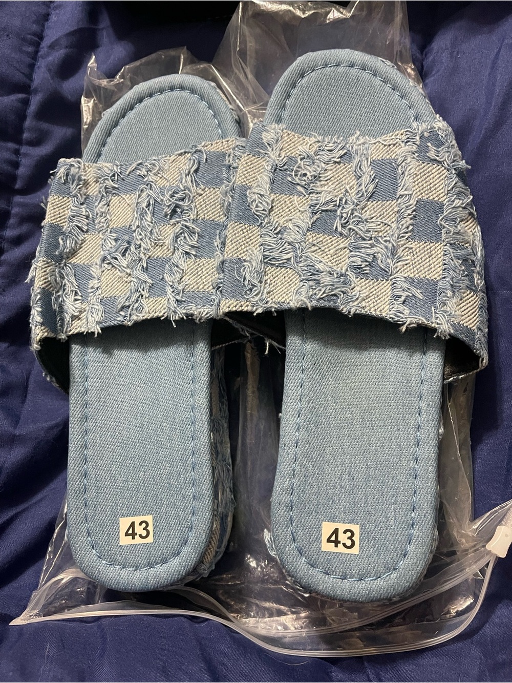 Denim Check Slide Platforms in Light Blue